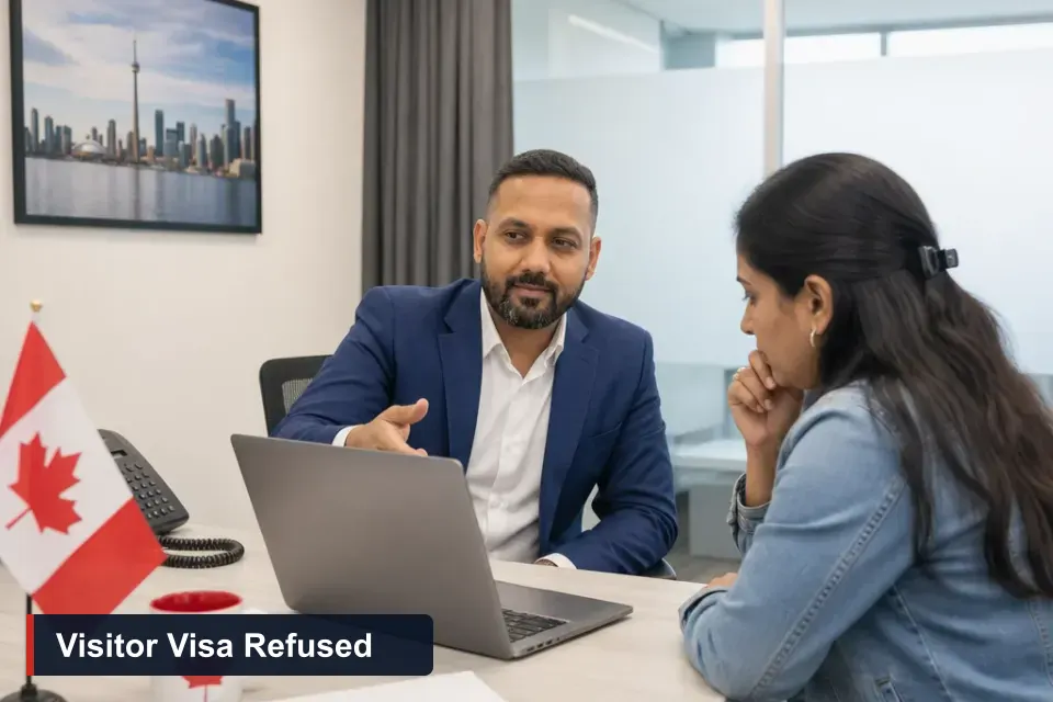 Canada visitor visa refused: Sanjay Singh Kumar, RCIC at VMC Immigration, explains next steps to a worried client at his Brampton desk