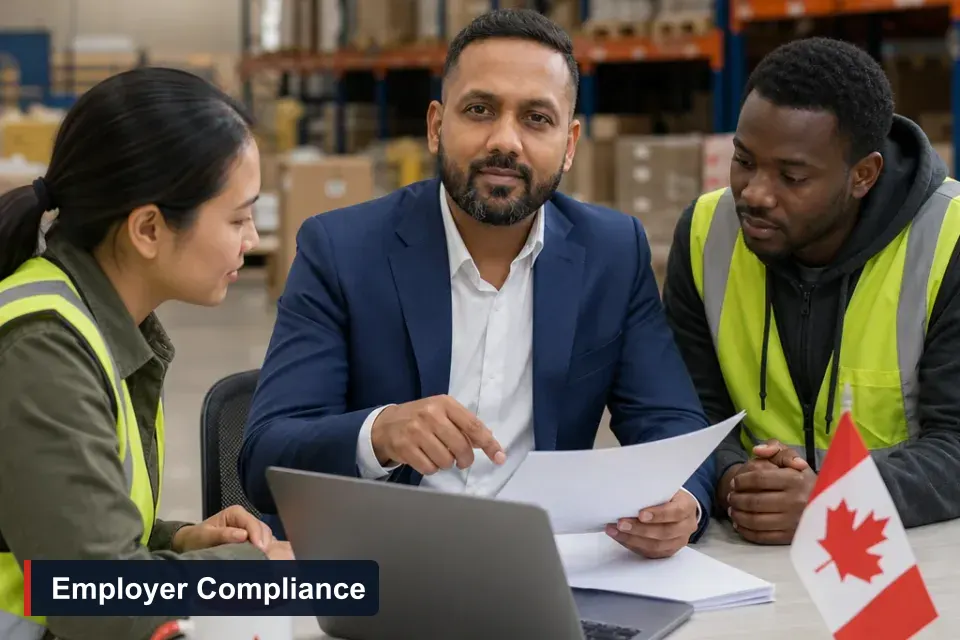 Employer compliance inspection Canada: Sanjay Singh Kumar, RCIC at VMC Immigration, reviews payroll and recruitment records with a Brampton employer and a newly hired foreign worker in a warehouse
