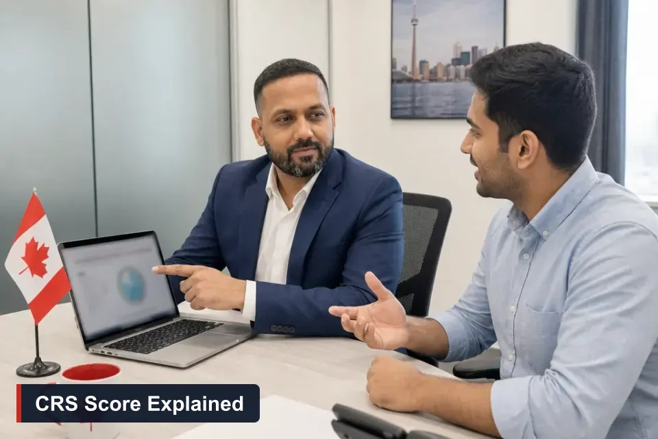 CRS score explained: Sanjay Singh Kumar, RCIC at VMC Immigration, shows a client how Express Entry points are calculated on a laptop