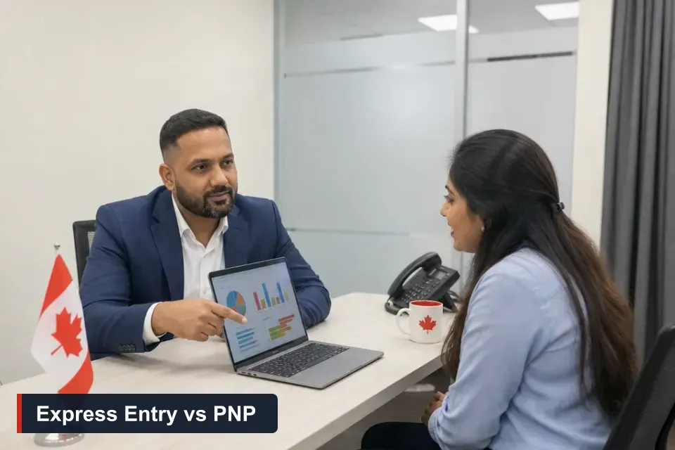 Express Entry vs PNP: Sanjay Singh Kumar, RCIC at VMC Immigration, compares both PR routes with a client at his Brampton desk