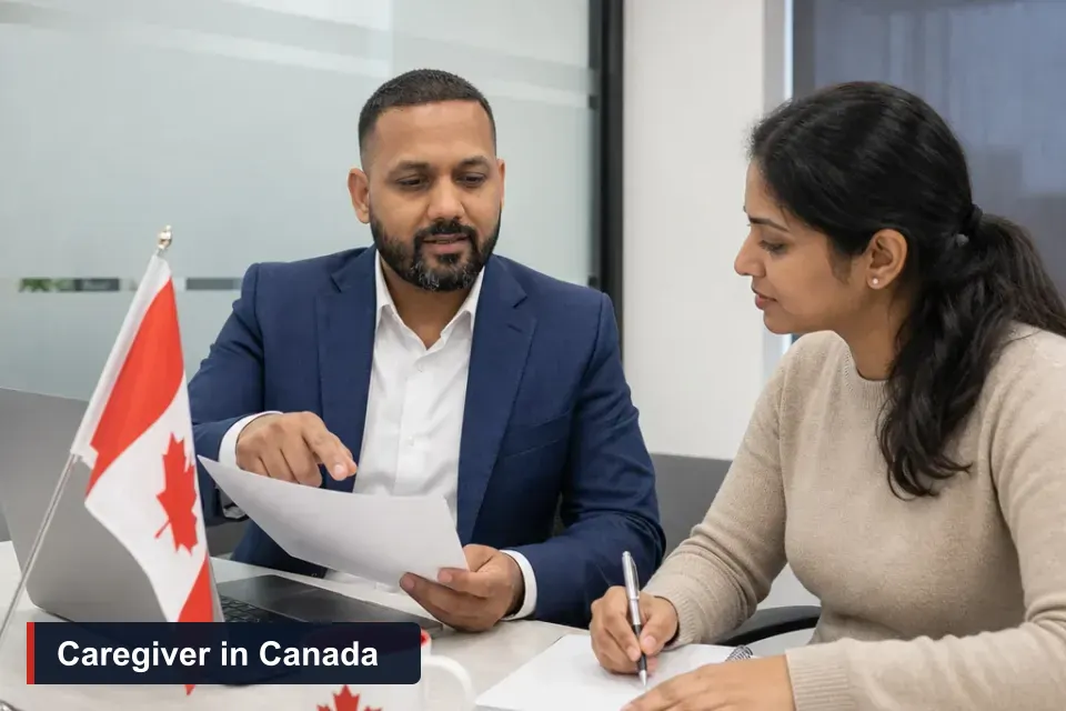 How to become a caregiver in Canada 2026: Sanjay Singh Kumar, RCIC at VMC Immigration, advises a caregiver client in the Brampton office reviewing a job offer and laptop.
