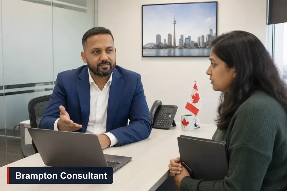 Choosing an immigration consultant in Brampton: Sanjay Singh Kumar, RCIC at VMC Immigration, meets a client at the VMC office