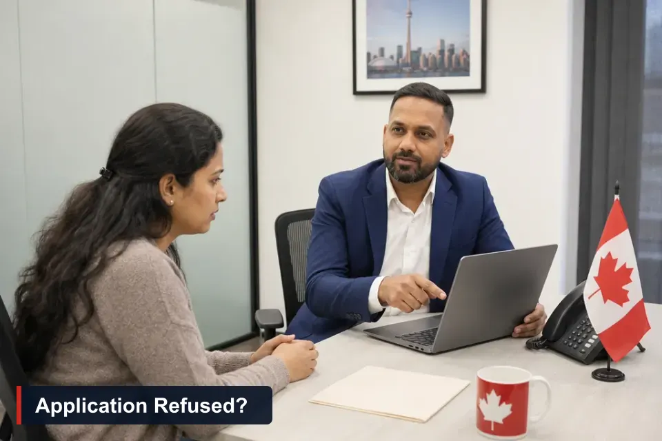 Immigration application refused: Sanjay Singh Kumar, RCIC at VMC Immigration, calmly explains recovery options to a client
