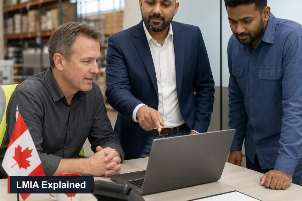 LMIA explained: Sanjay Singh Kumar, RCIC at VMC Immigration, reviews hiring options with a Canadian employer and a new foreign worker in a warehouse office