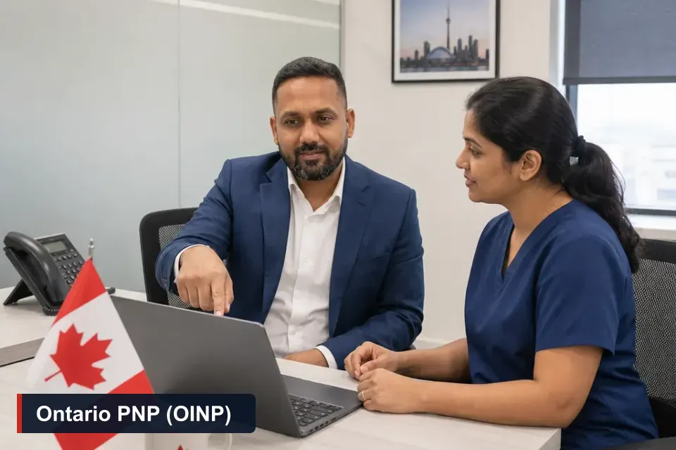 Ontario PNP (OINP) guide: Sanjay Singh Kumar, RCIC at VMC Immigration, explains OINP streams to a nurse at the Brampton office