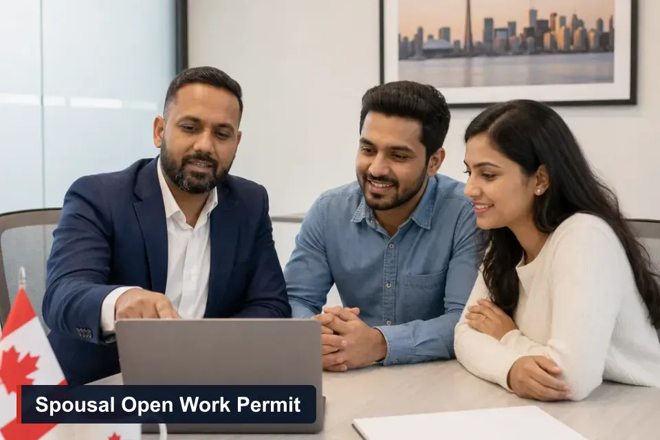 Spousal open work permit eligibility: Sanjay Singh Kumar, RCIC at VMC Immigration, consults with a young couple at the Brampton office about their spouse work permit options